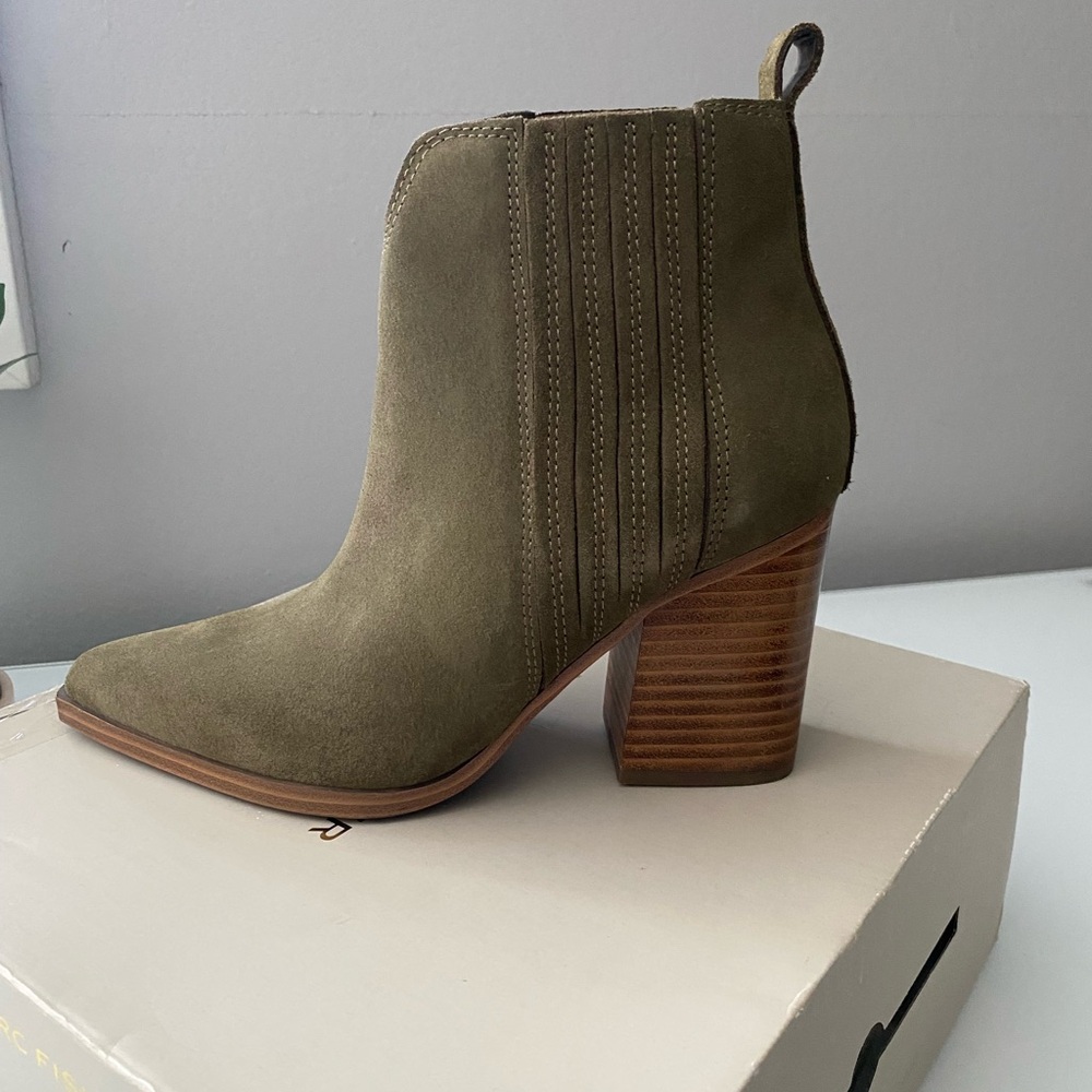 Marc Fisher Olive Green Suede Stacked Heel Ankle Boot